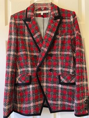 Veronica Beard Red Black Plaid Tweed Double-Breasted Dickey Blazer Size 6